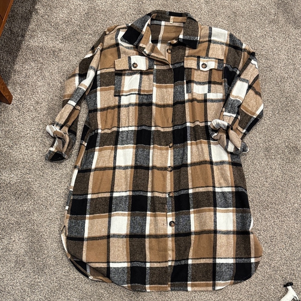Plaid Button-Up Shacket in Camel, Black & White